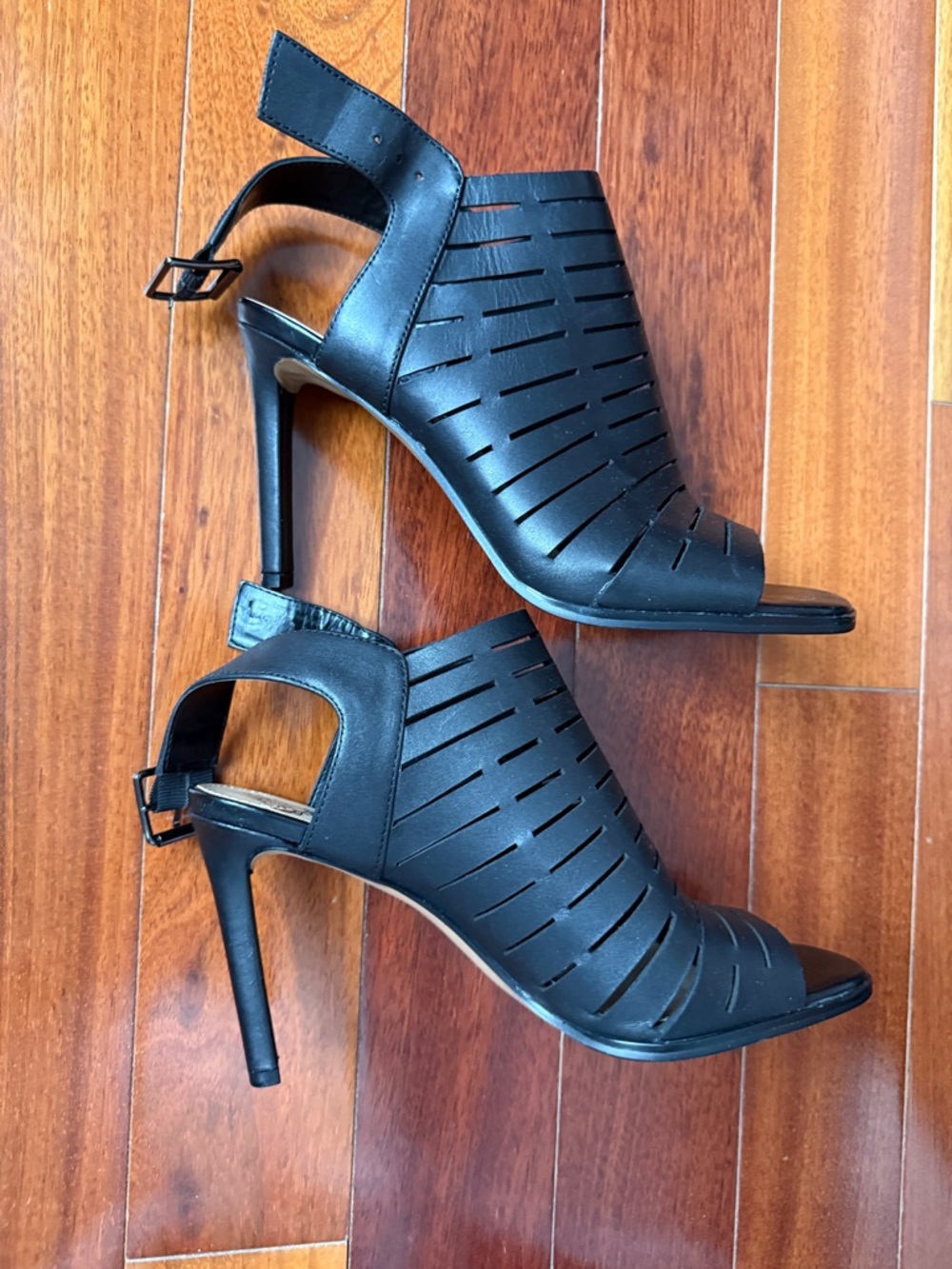 Vince Camuto Black Laser-Cut Open-Toe Stiletto Sandals